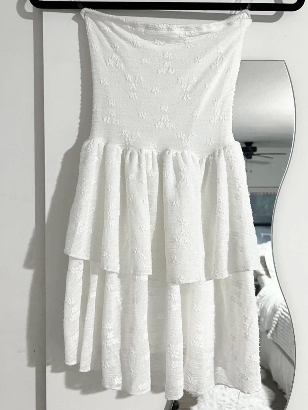 Flowy, white strapless mini dress, XS